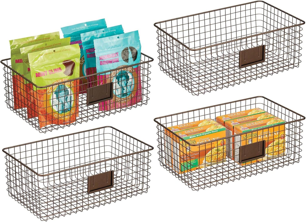 Bronze Metal Wire Food Organizer Storage Bin Basket with Label Slot, 4 Pack N215