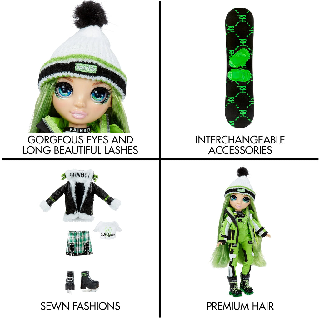Green Winter Break Fashion Doll and Playset with 2 Complete Doll Outfits, Snowboard and Winter Doll Accessories U376