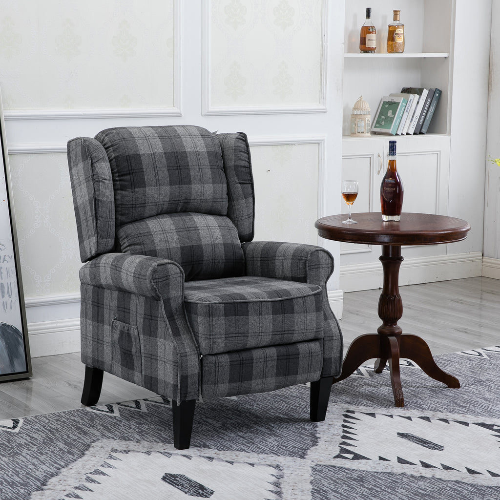 Gray Check Upholstered Recliner Chair with Adjustable Footrest and Side Pocket C748
