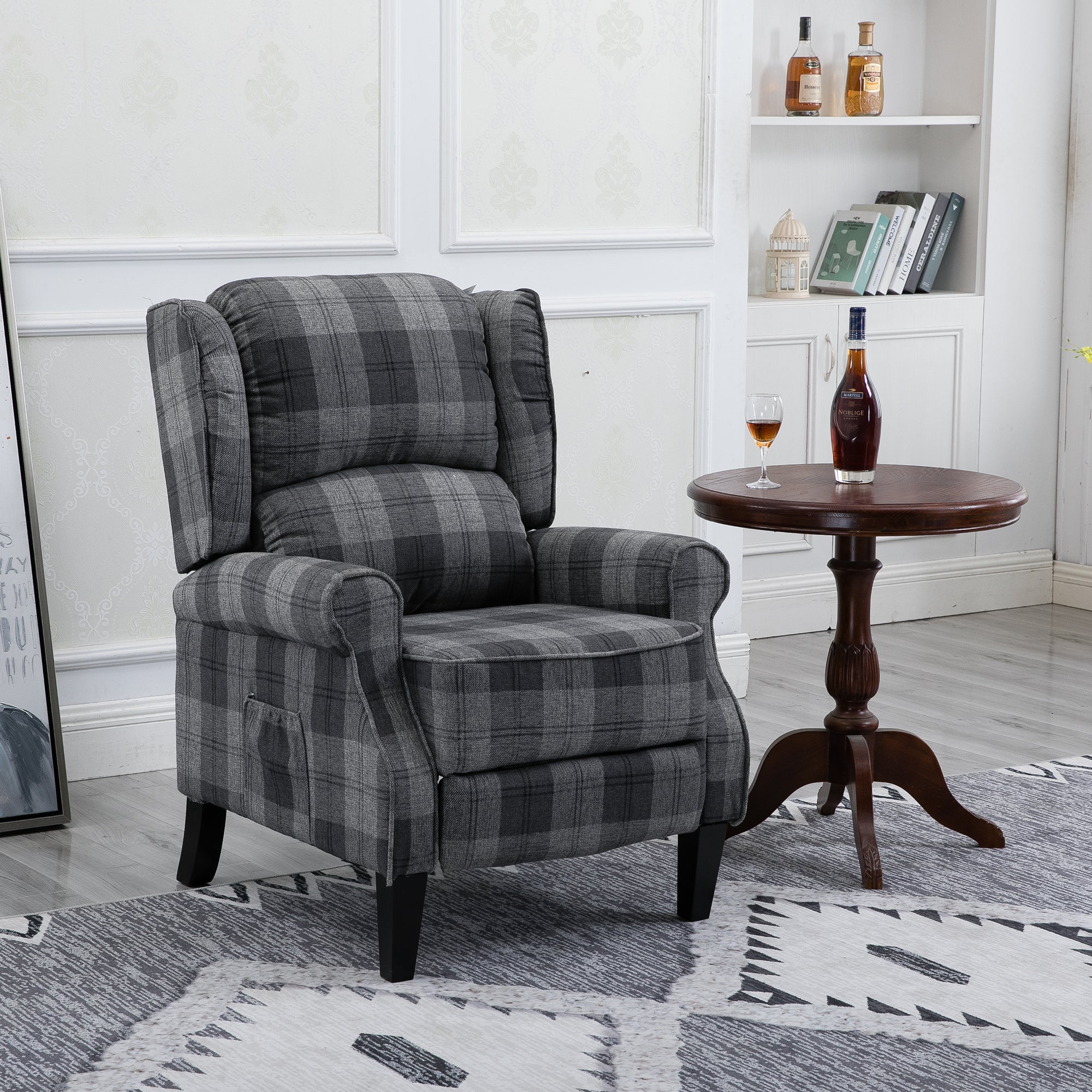 Gray Check Upholstered Recliner Chair with Adjustable Footrest and Side Pocket C748