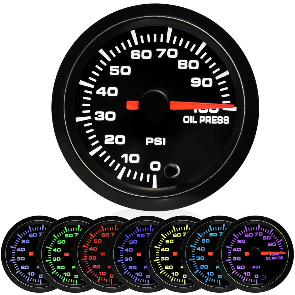 7 Color 100 PSI Oil Pressure Gauge Kit 52mm with Pressure Sensor Pack of 2 P80564