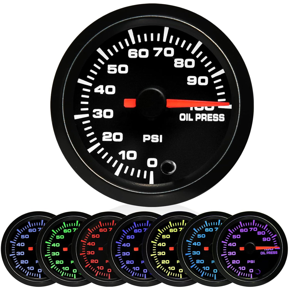 7 Color 100 PSI Oil Pressure Gauge Kit 52mm with Pressure Sensor Pack of 2 P80564