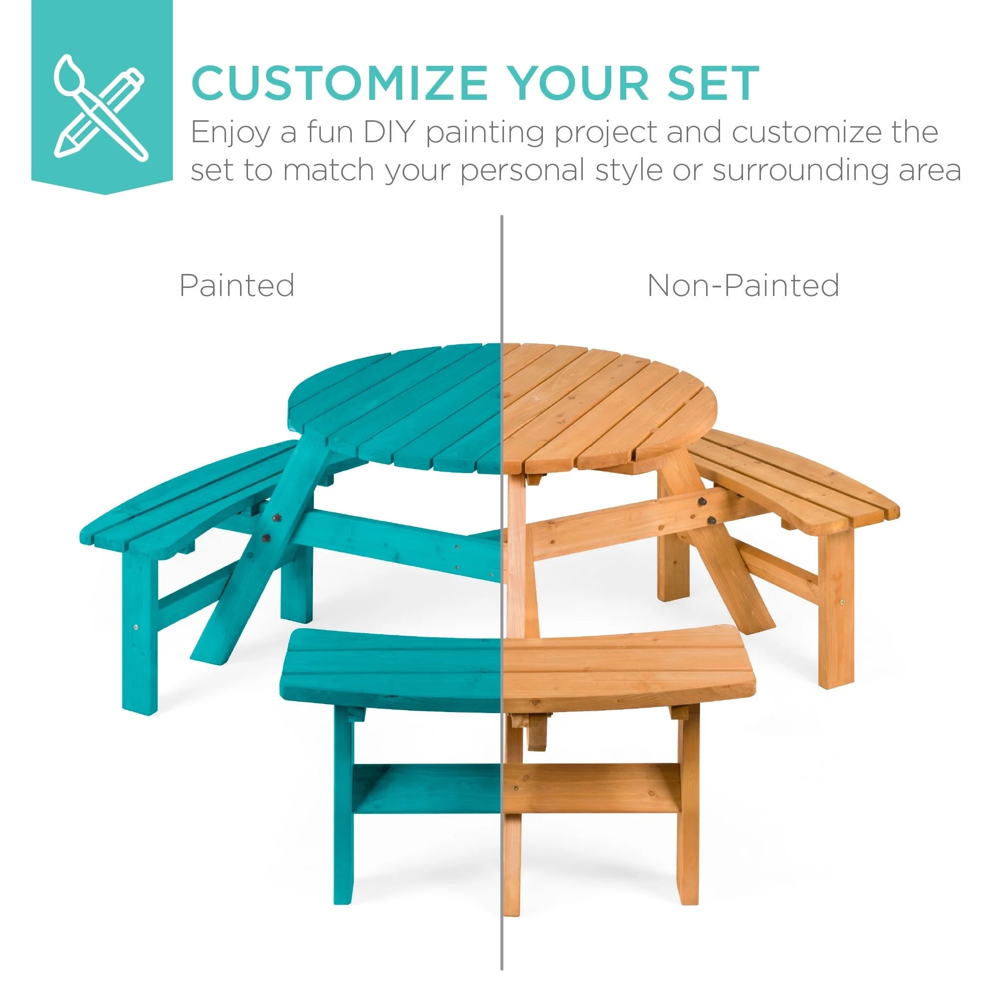 6-Person Circular Wooden Picnic Table with 3 Built-In Benches M146852