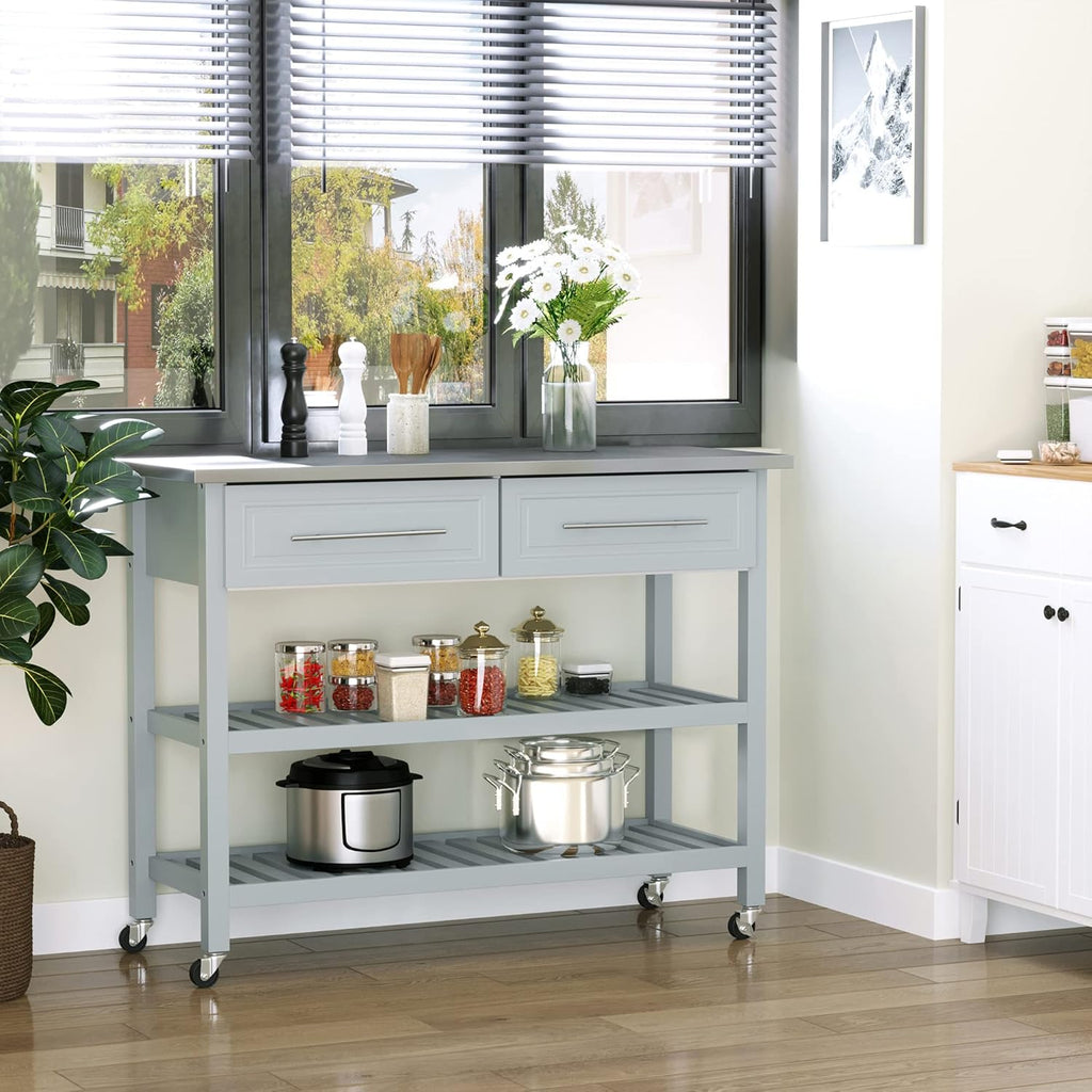 Grey Stainless Steel Top Rolling Utility Cart with Drawers and Shelves P3055