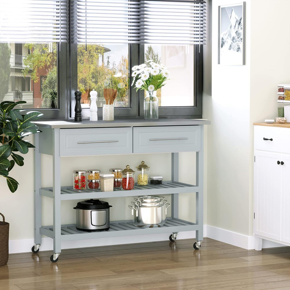Grey Stainless Steel Top Rolling Utility Cart with Drawers and Shelves P3055