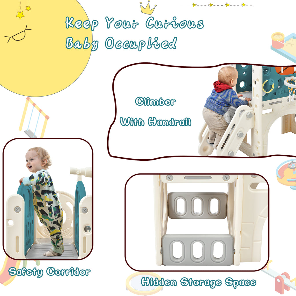 Freestanding Castle Climbing Crawling Playhouse, 7-in-1 Playset, Blue, 72" x 60.2" x 47" X4432