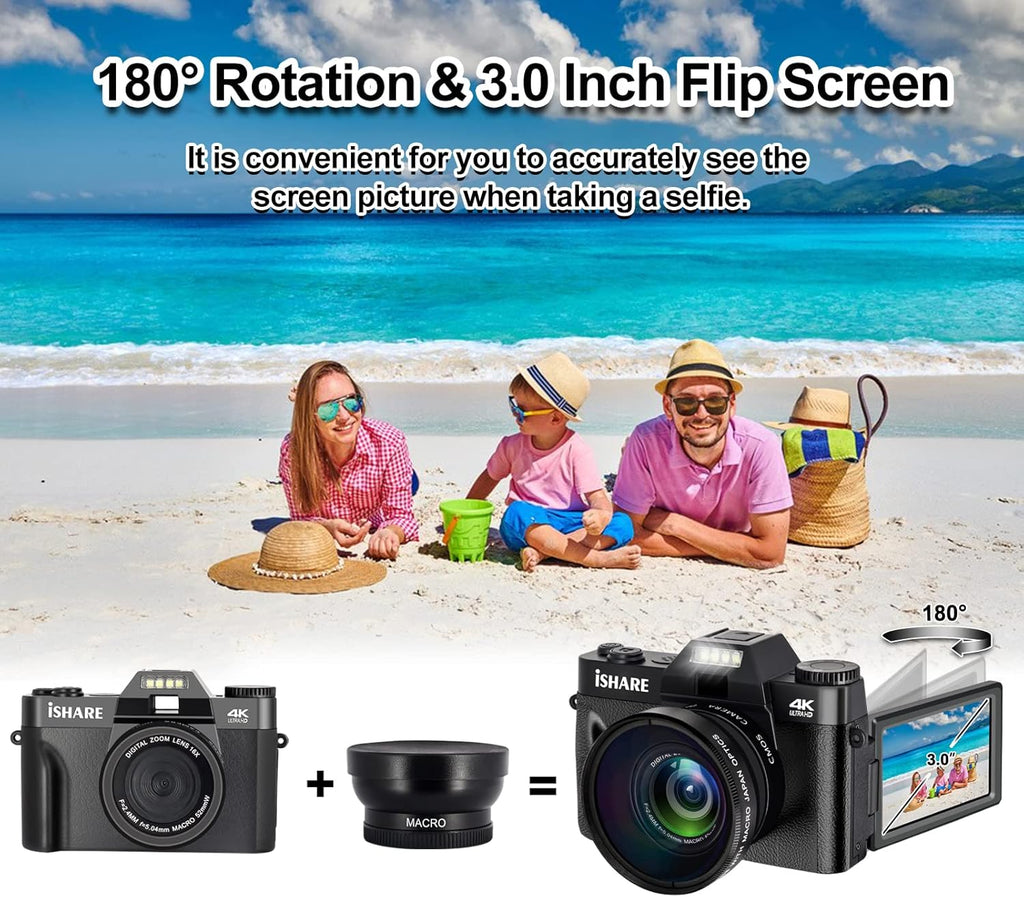 4K 48 MP WiFi Digital Camera with 16X Digital Zoom 3.0 Inch Flip Screen (32GB & 2 x Batteries) J686004