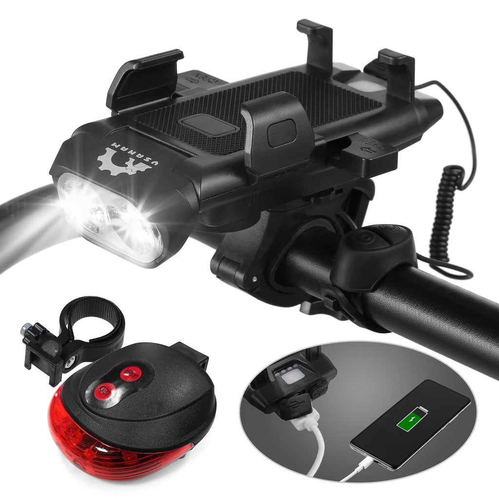 Bike Light Set Front Rear USB Rechargeable Waterproof LED Headlight with Phone Holder Horn T5243