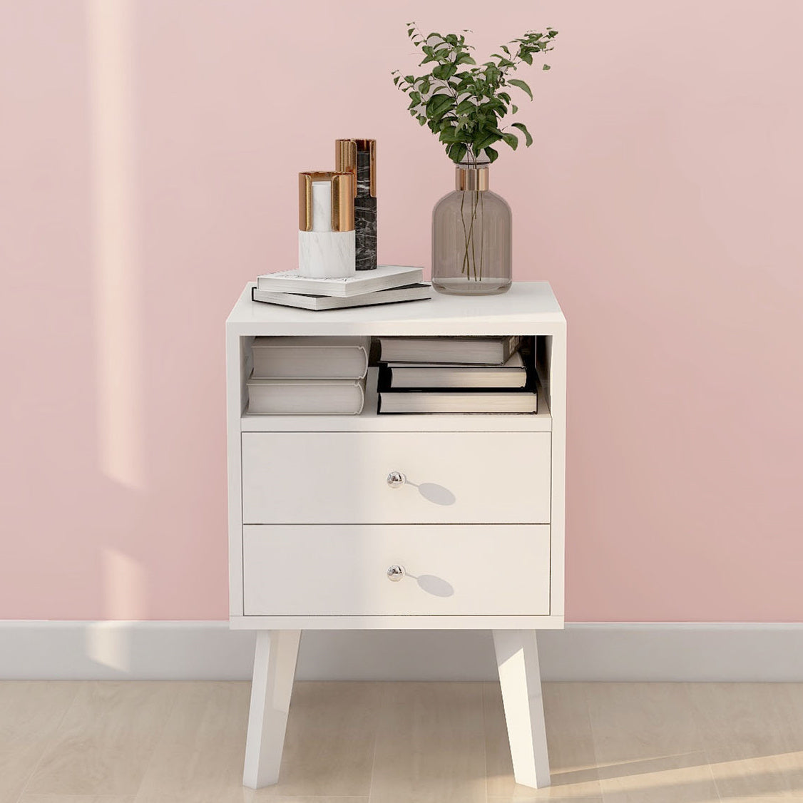 High Glossy 2 Drawer Wood Nightstand With Open Shelf Y139356