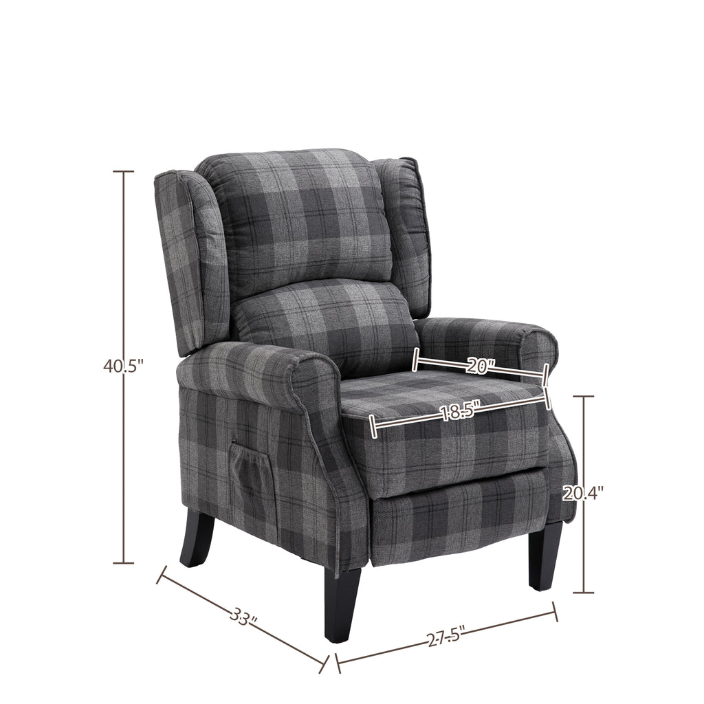 Gray Check Upholstered Recliner Chair with Adjustable Footrest and Side Pocket C748