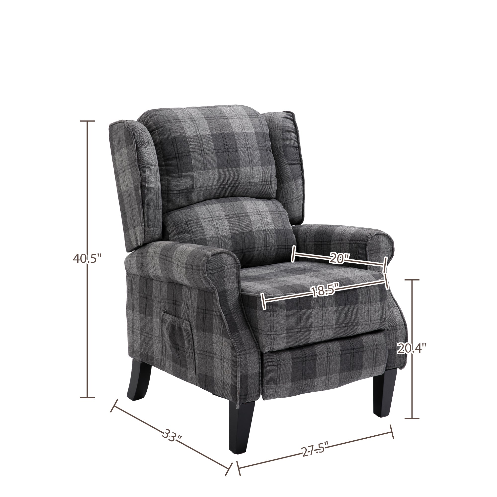 Gray Check Upholstered Recliner Chair with Adjustable Footrest and Side Pocket C748