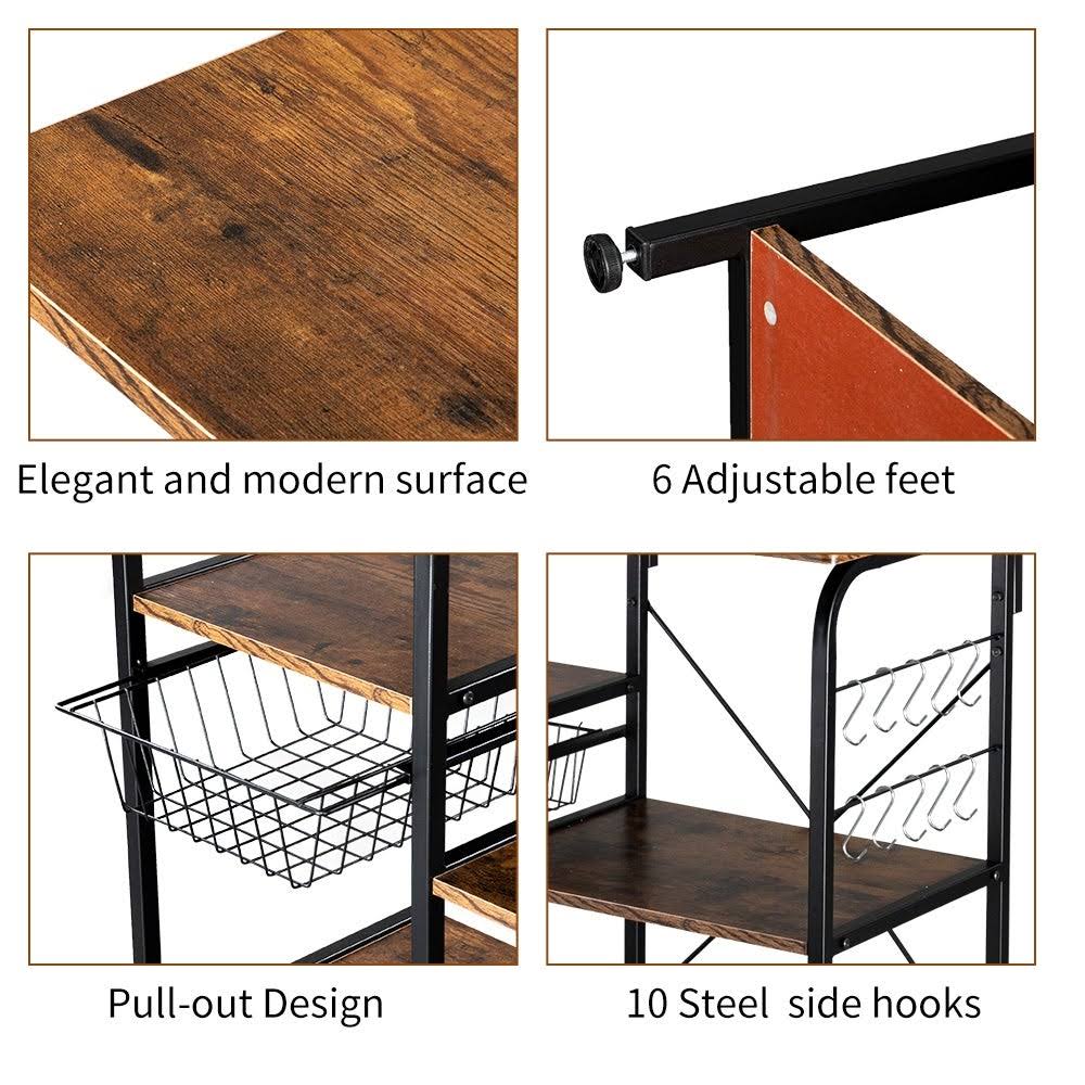 4-Tier Kitchen Baker's Rack Storage Shelf with 10 Hooks Deep Brown S750