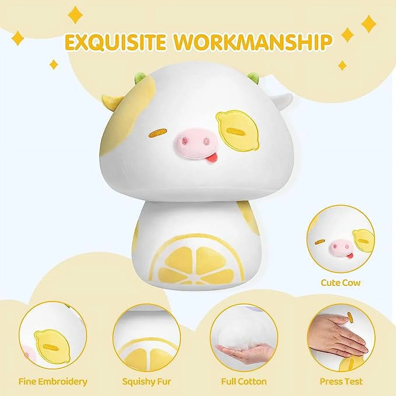 13.5" Mushroom Plush Lemon Cow Plush Pillow O27416