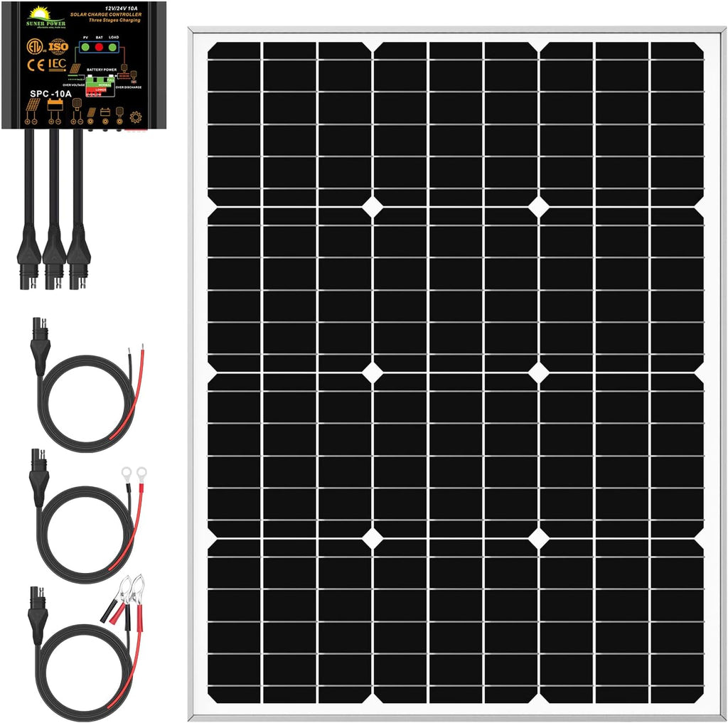 20W Poly Crystalline 12V Solar Panel Kit with 10A Charge Controller and 3-PCS SAE Cable Adapters R17871