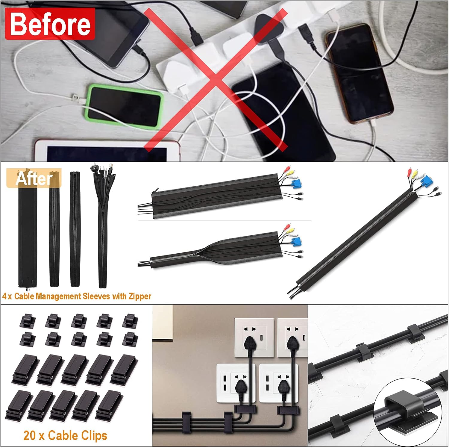 Cord Organizer Box with Cable Management Kit of Cable Clips & Cable Sleeve, Pack of 2 P6318