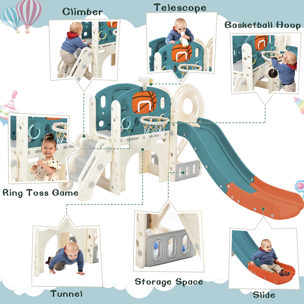 Freestanding Castle Climbing Crawling Playhouse, 7-in-1 Playset, Blue, 72" x 60.2" x 47" X4432