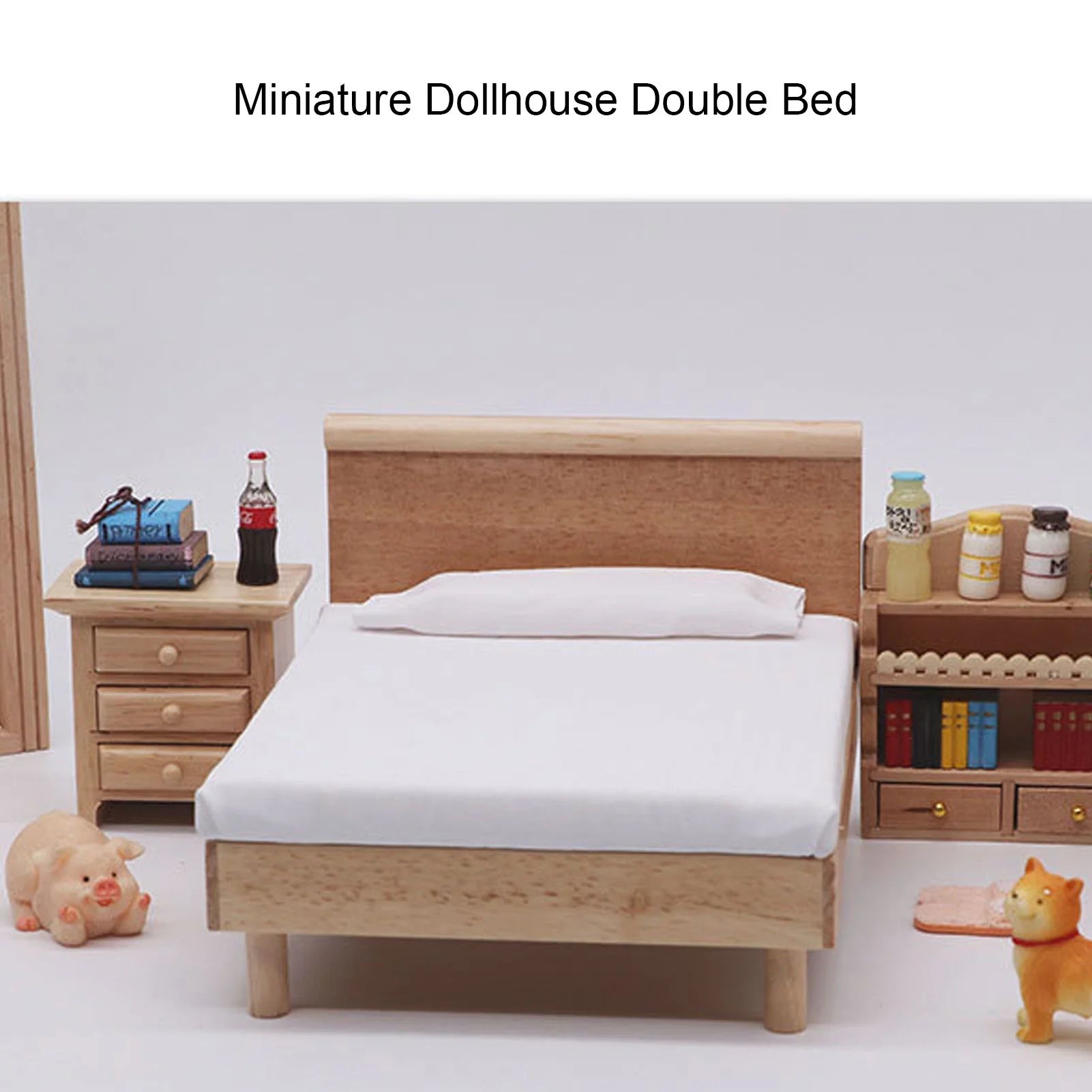 Wooden Double Bed for Dollhouse Decoration W16556