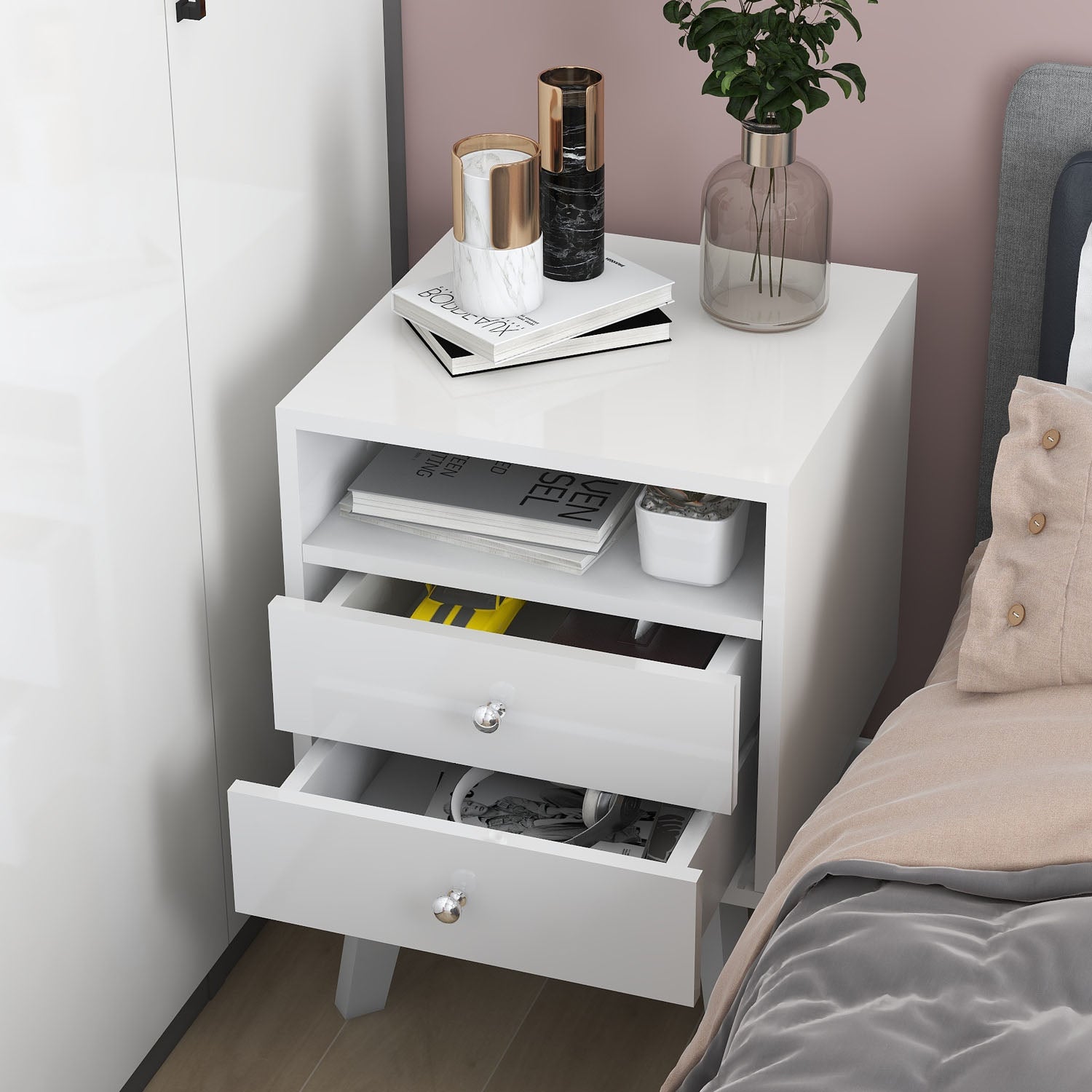 High Glossy 2 Drawer Wood Nightstand With Open Shelf Y139356