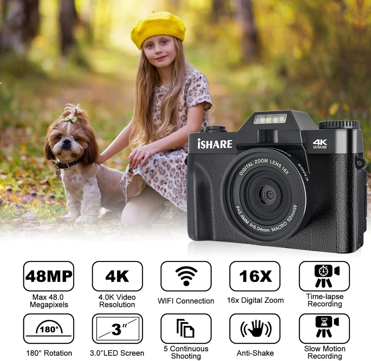 4K 48 MP WiFi Digital Camera with 16X Digital Zoom 3.0 Inch Flip Screen (32GB & 2 x Batteries) J686004
