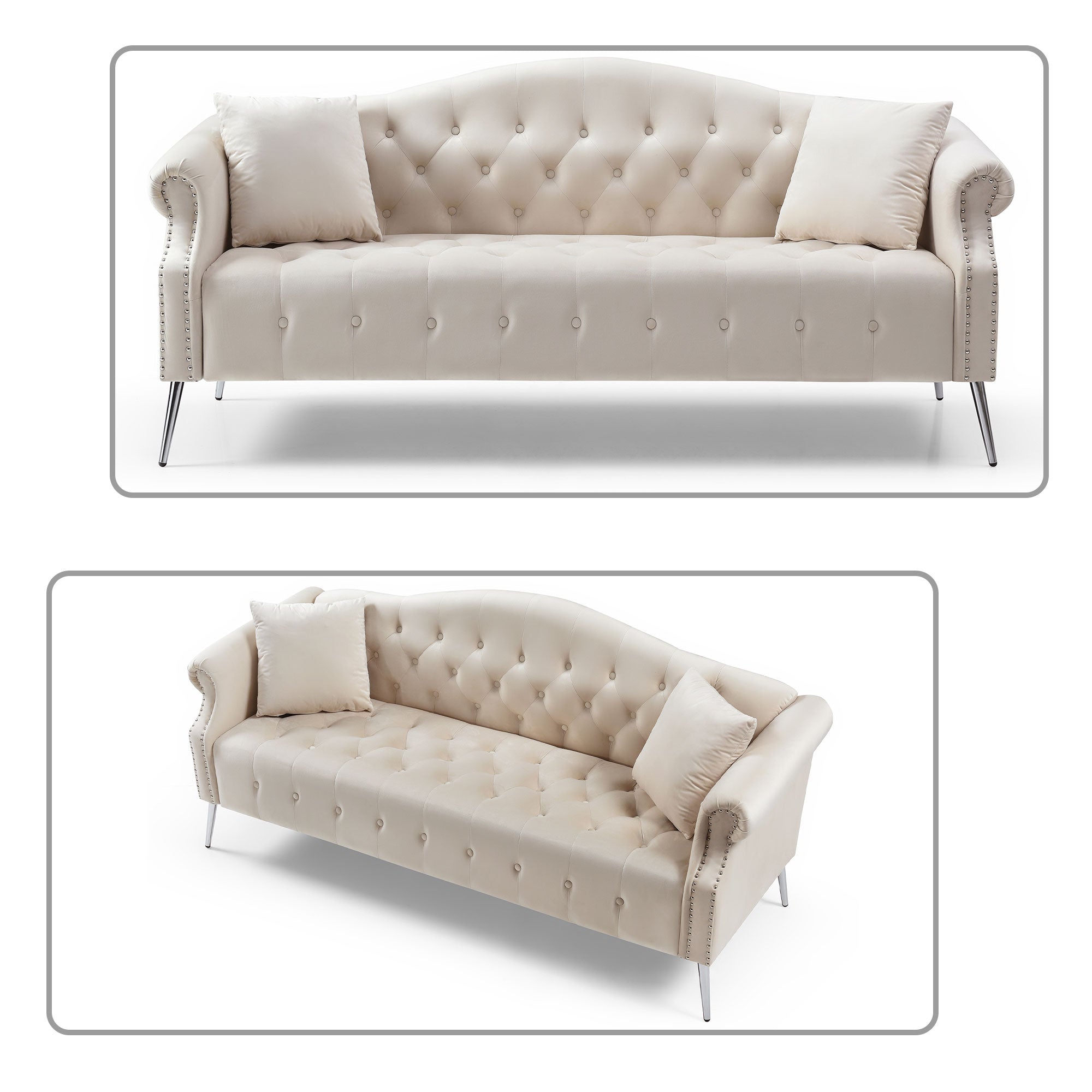 Beige Velvet Three-seat Sofa with Roll Armrest and Metal Legs M86338