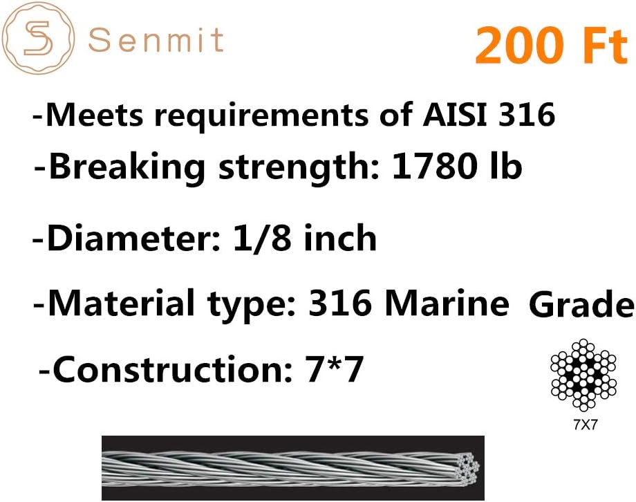 1/8 Stainless Steel Aircraft Wire Rope 200 Feet T 316 Marine Grade E459