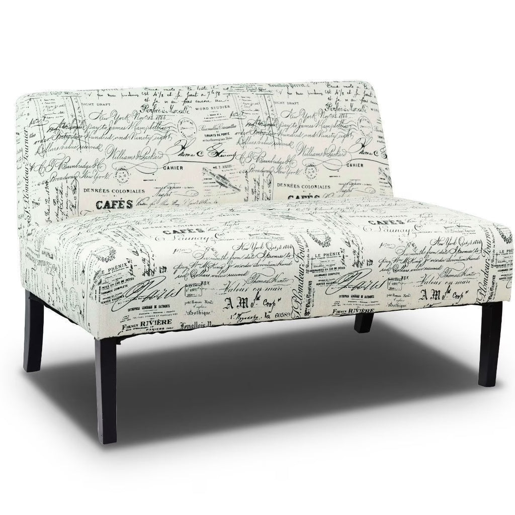 Off-White Cursive Pattern Loveseat Sofa with Black Wood Legs Y418617
