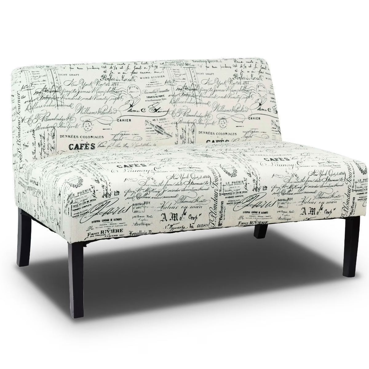 Off-White Cursive Pattern Loveseat Sofa with Black Wood Legs Y418617