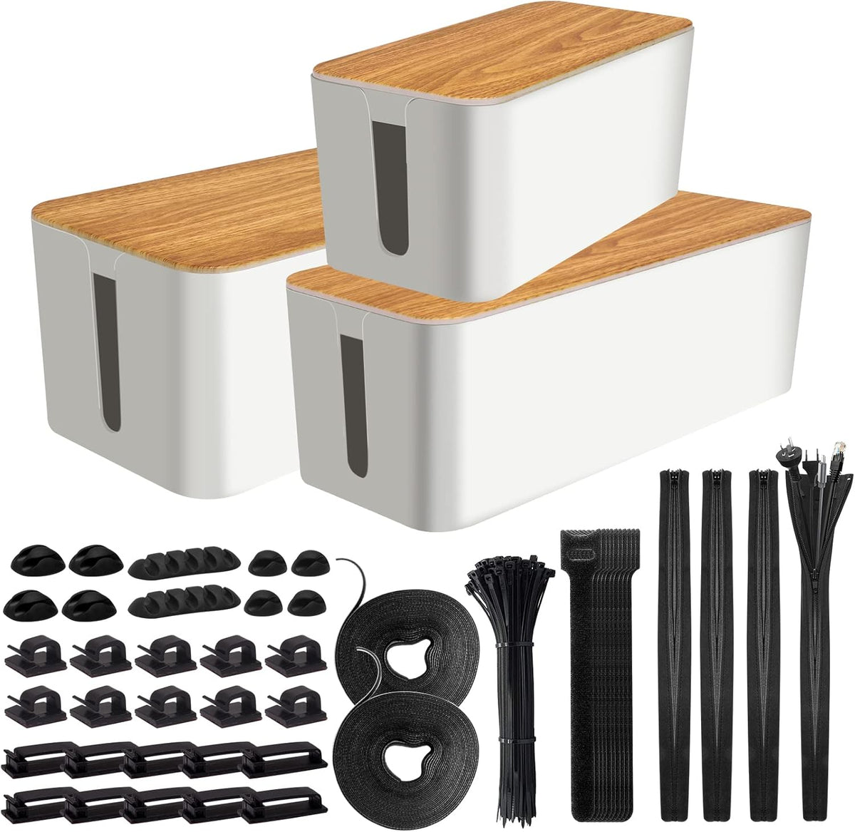 Cord Organizer Box with Cable Management Kit of Cable Clips & Cable Sleeve, Pack of 2 P6318