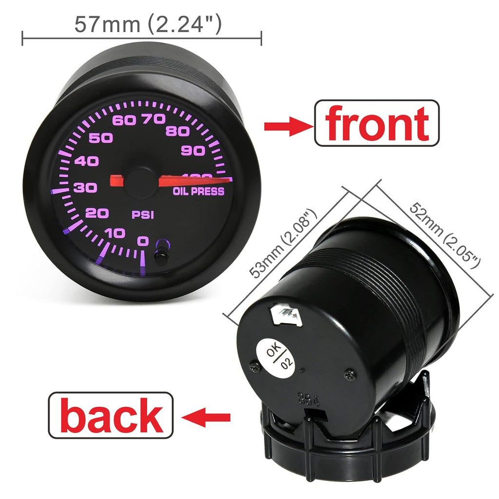 7 Color 100 PSI Oil Pressure Gauge Kit 52mm with Pressure Sensor Pack of 2 P80564
