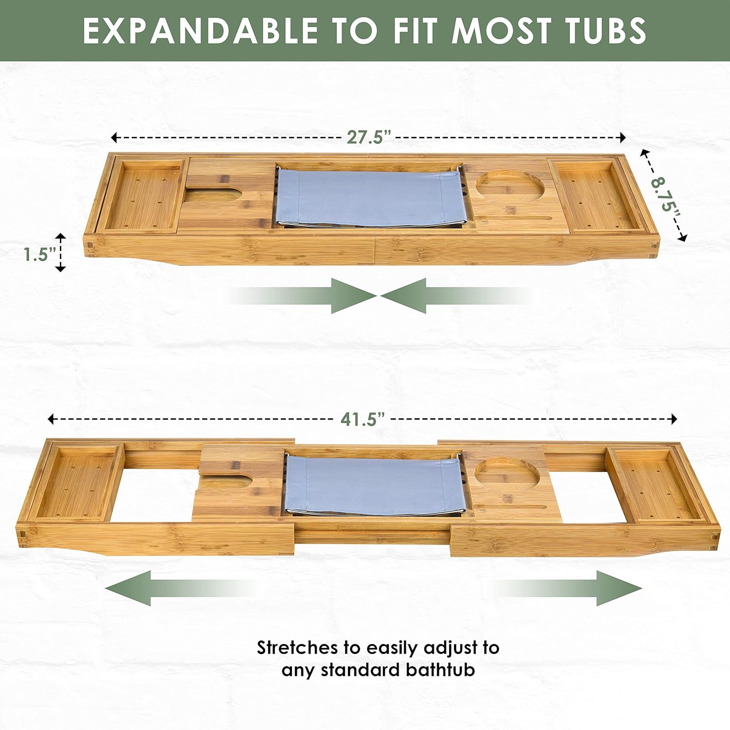 Bamboo Bathtub Caddy Tray with Book & Wine Holder, Expandable, Pack of 2 I463430