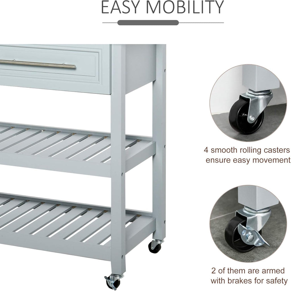 Grey Stainless Steel Top Rolling Utility Cart with Drawers and Shelves P3055