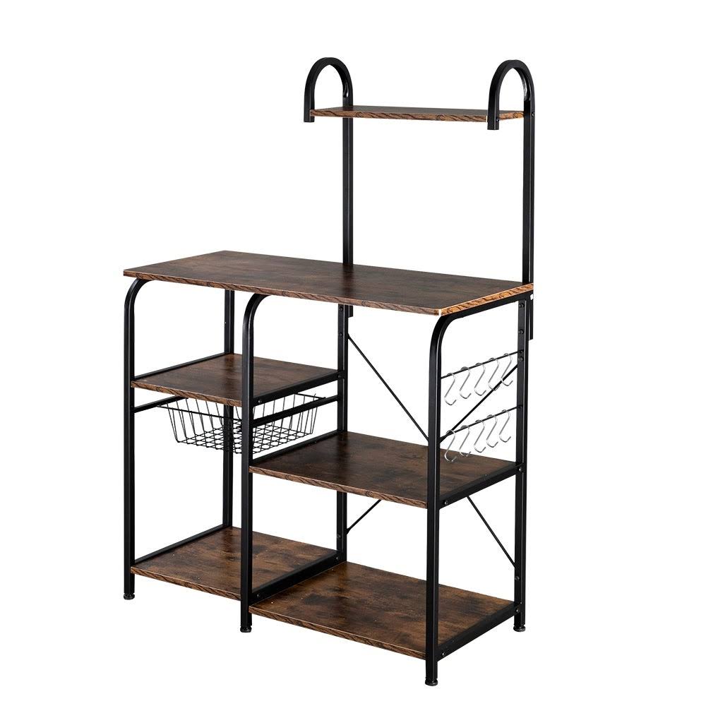 4-Tier Kitchen Baker's Rack Storage Shelf with 10 Hooks Deep Brown S750