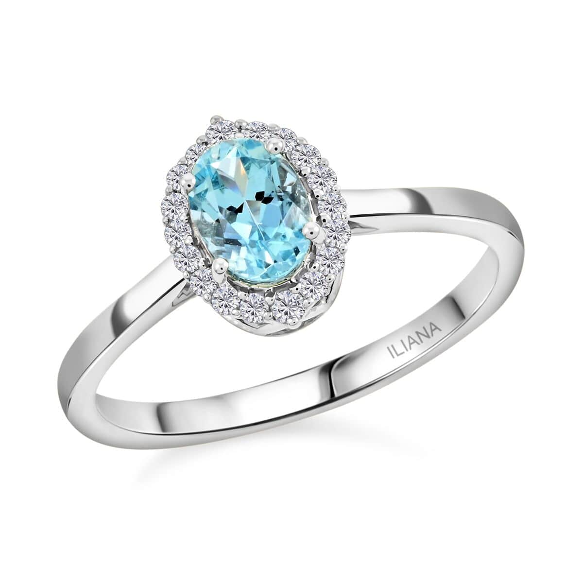 Oval Blue Aquamarine White Diamond 18K White Gold Halo Ring Size 7 Ct 0.85 G-H Color Si1 Clarity O1796