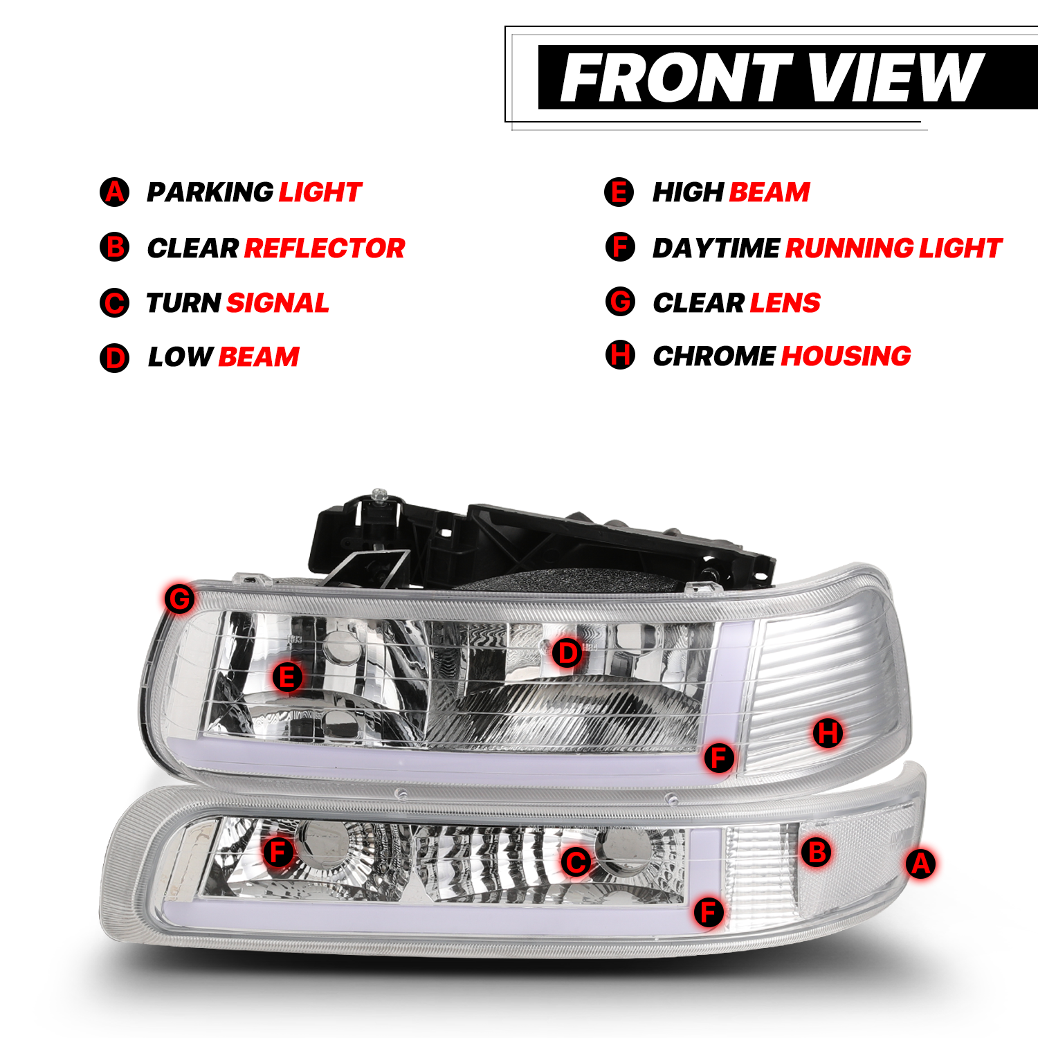 Headlights Assembly with LED Tube DRL for Chevy Silverado Suburban Tahoe Truck F59596