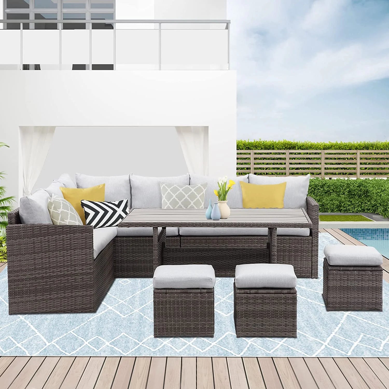 7 Piece Outdoor Dining Sectional Sofa with Dining Table and Chair X423795