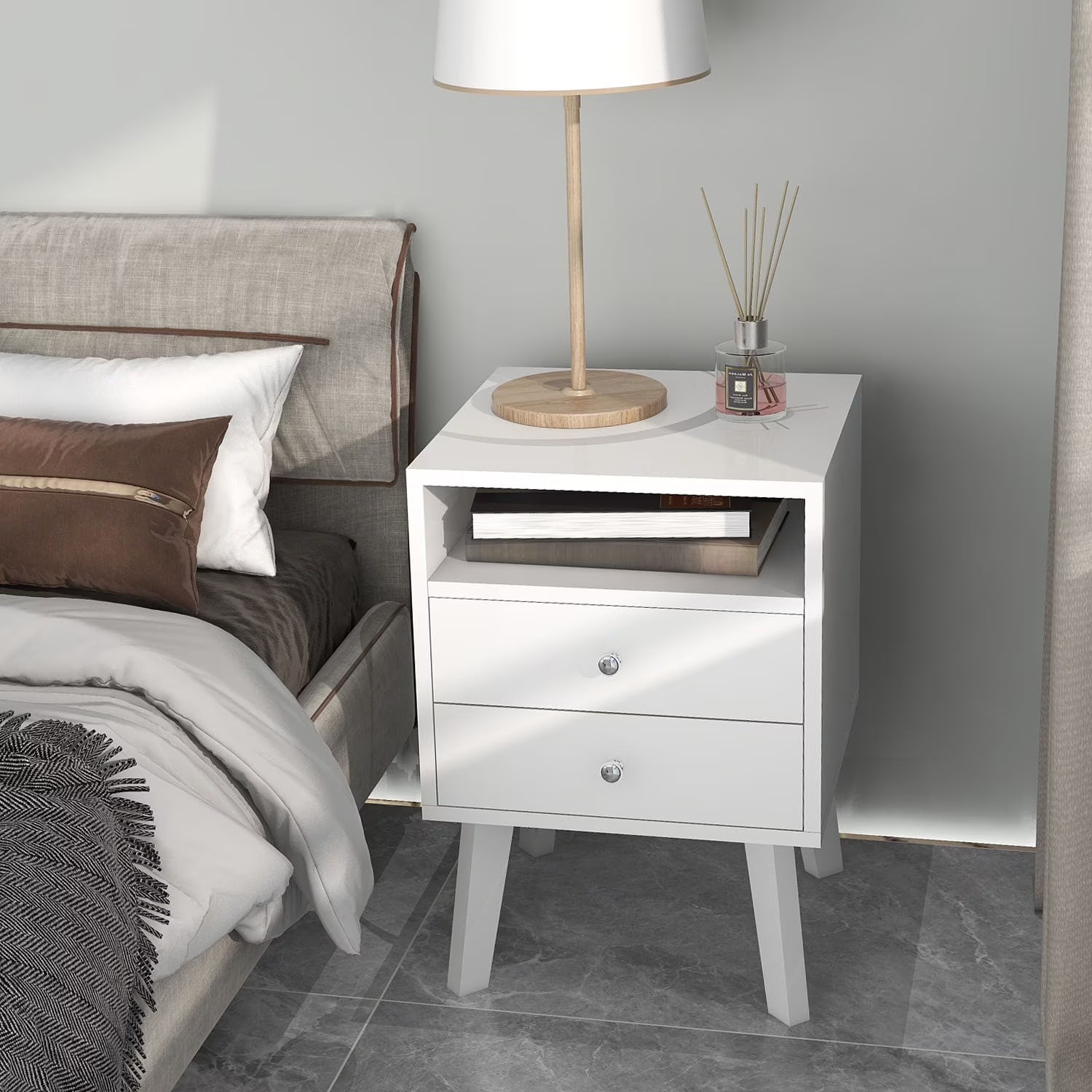 High Glossy 2 Drawer Wood Nightstand With Open Shelf Y139356