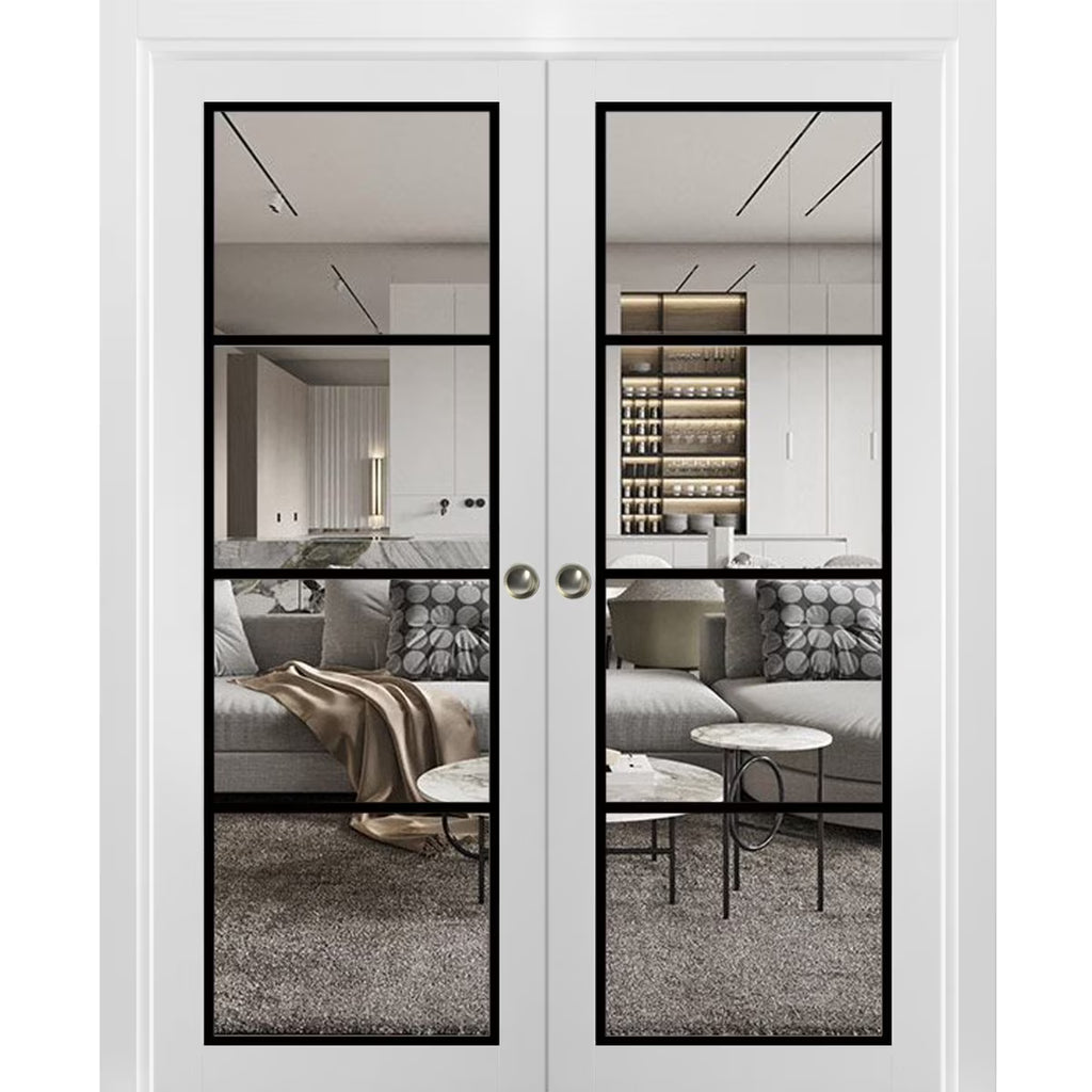 White Silk Clear Glass Solid Wood Double Pocket Doors X276883