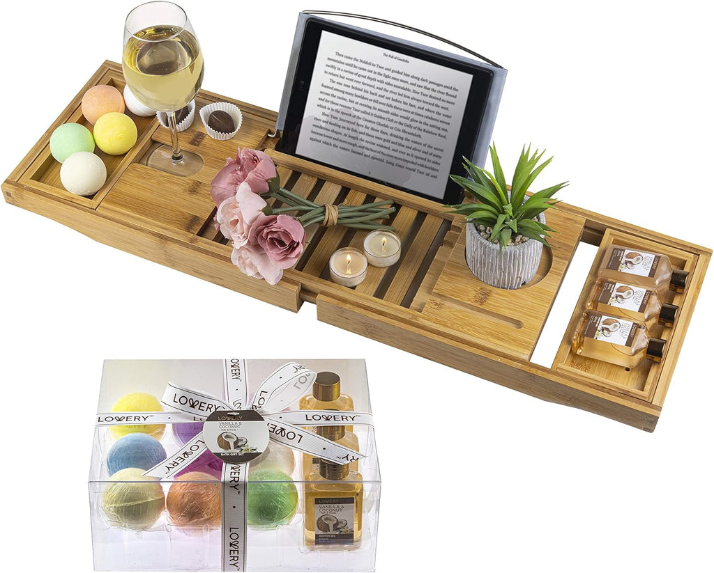 Bamboo Bathtub Caddy Tray with Book & Wine Holder, Expandable, Pack of 2 I463430