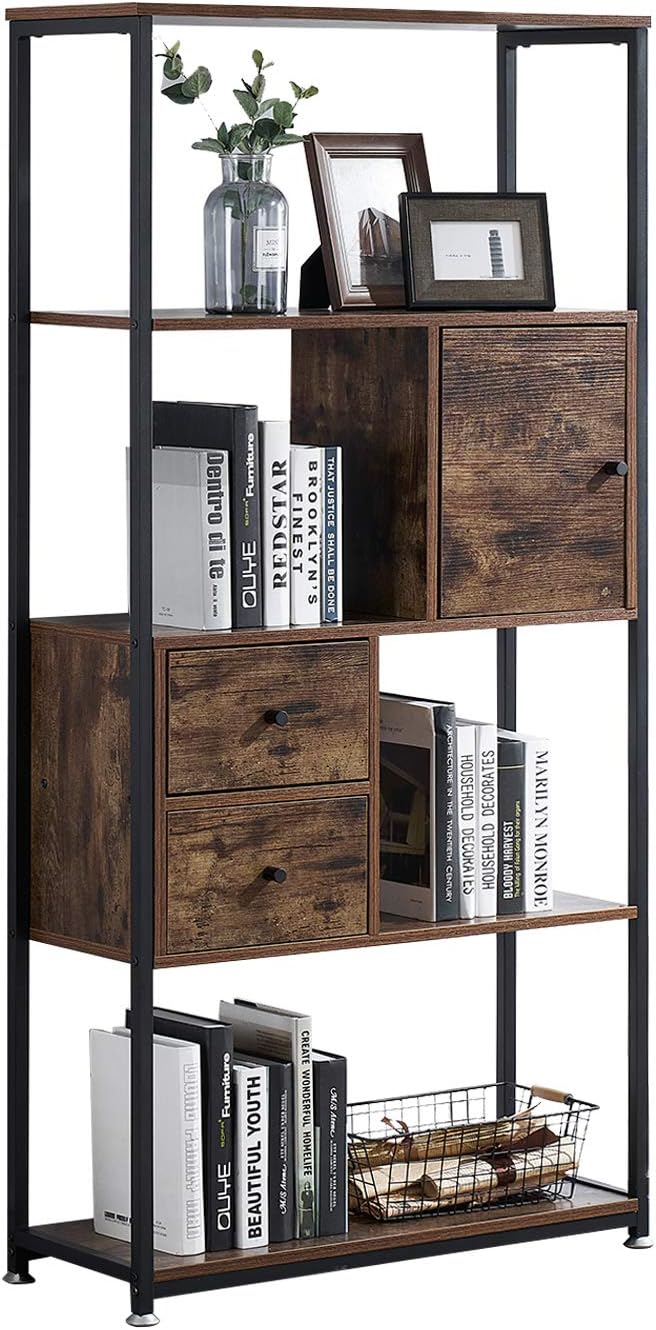 5 Shelf Folding Metal Bookshelf, Set of 2, Dark Brown O269
