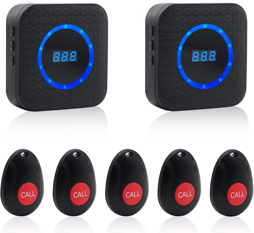 Wireless Call Button Nurse Alert System with 2 Number Display Plug-in Receiver, 5 Waterproof Transmitters K111