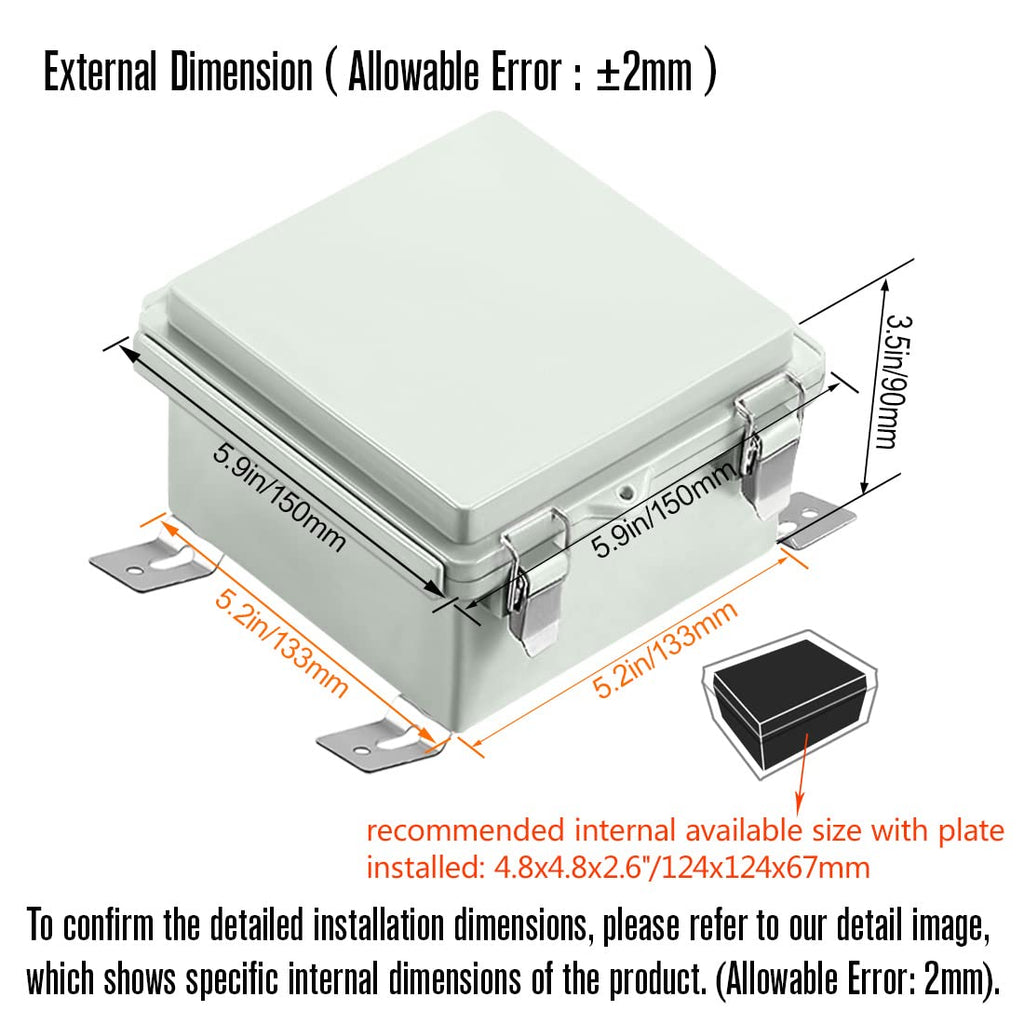 ABS Junction Box Hinged Cover Stainless Steel Latch IP67 Waterproof Plastic Universal Enclosure 8.7x6.7x4.3 inch P639