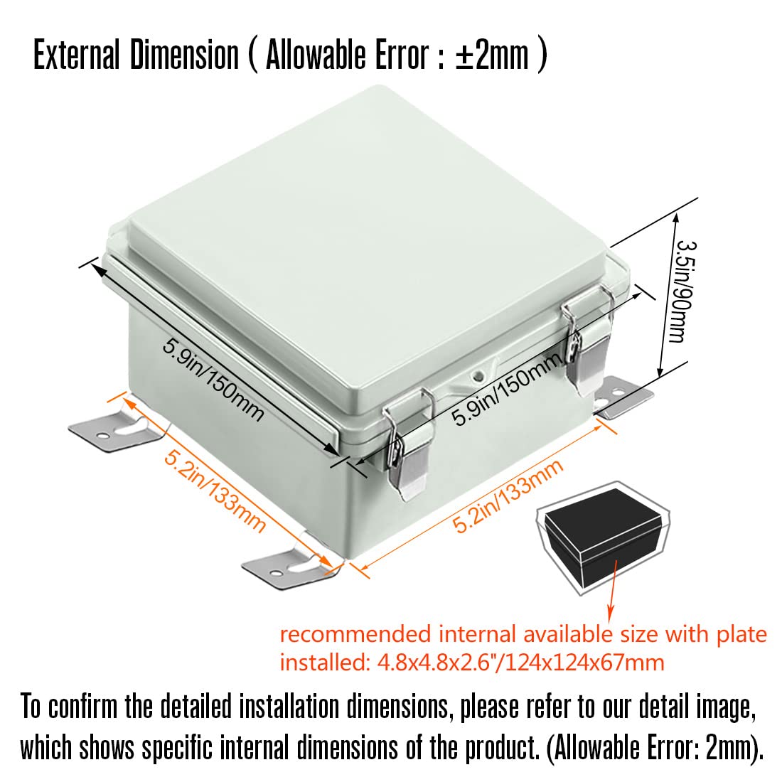 ABS Junction Box Hinged Cover Stainless Steel Latch IP67 Waterproof Plastic Universal Enclosure 8.7x6.7x4.3 inch P639