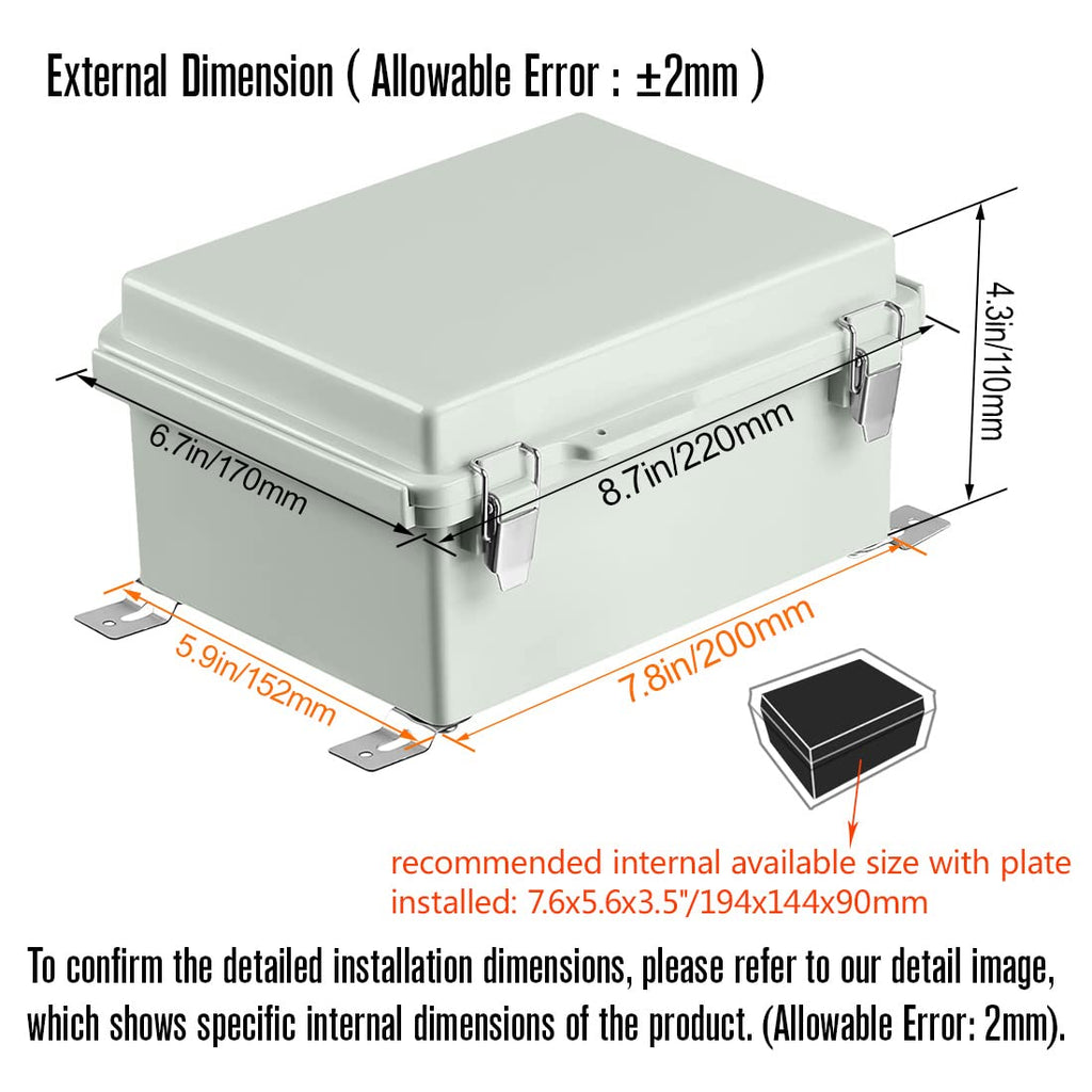 ABS Junction Box Hinged Cover Stainless Steel Latch IP67 Waterproof Plastic Universal Enclosure 8.7x6.7x4.3 inch P639