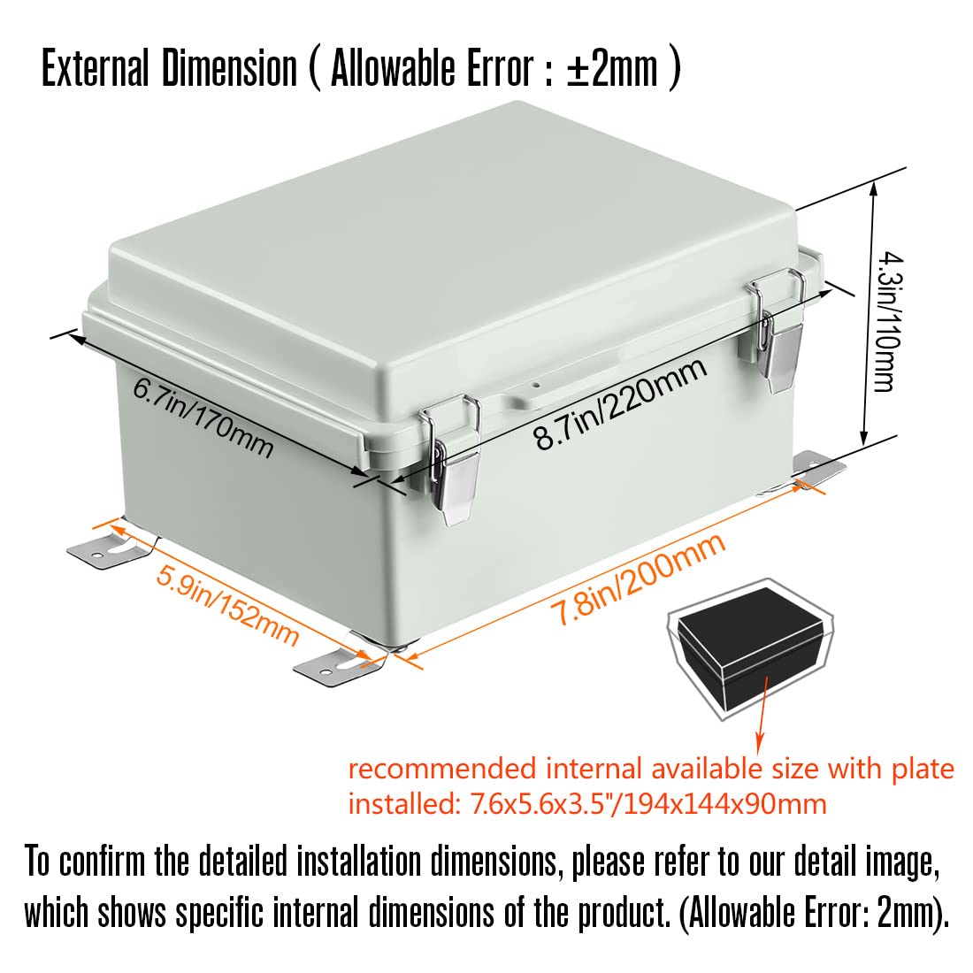 ABS Junction Box Hinged Cover Stainless Steel Latch IP67 Waterproof Plastic Universal Enclosure 8.7x6.7x4.3 inch P639