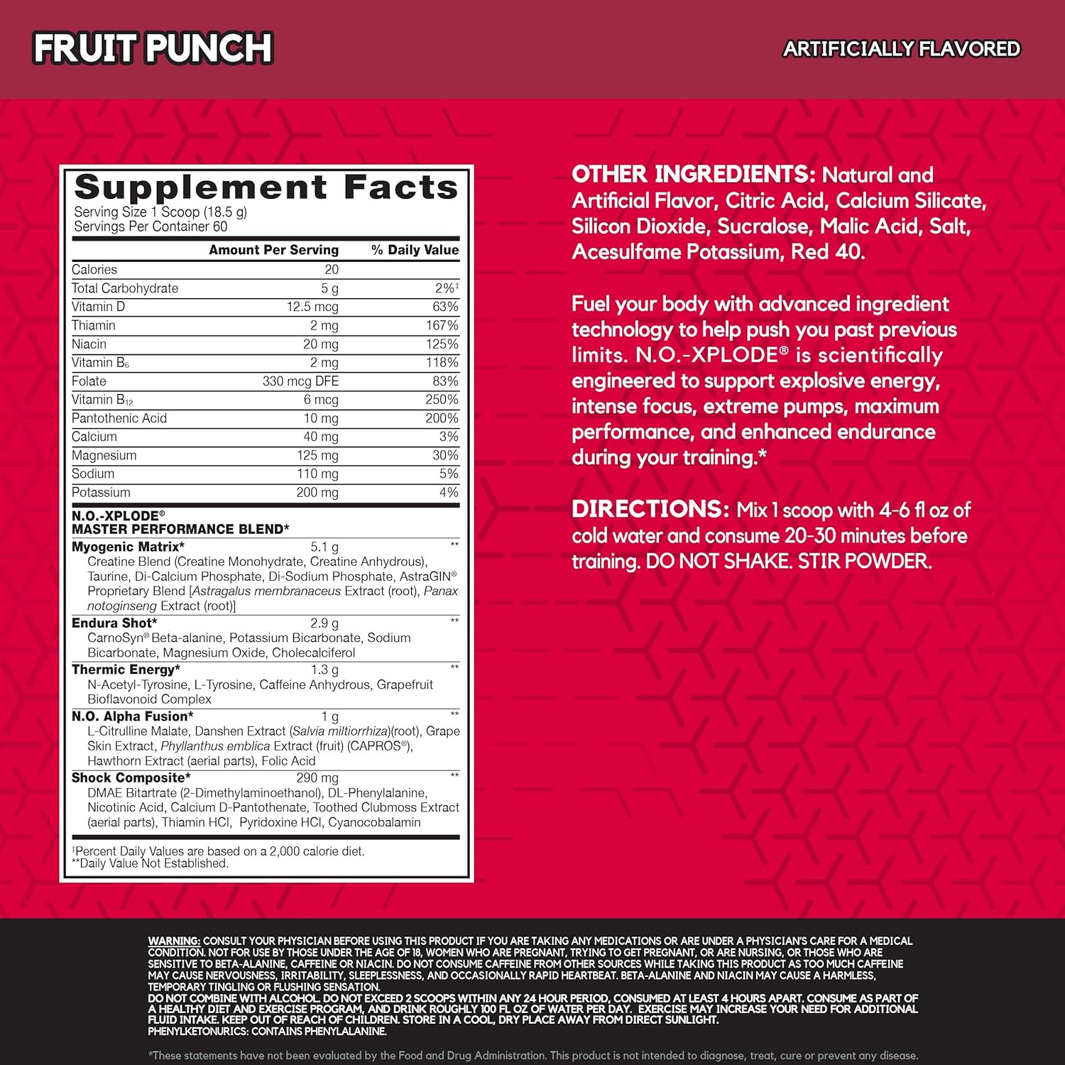 60 Servings Fruit Punch Pre Workout Supplement with Creatine and Beta-Alanine E6592