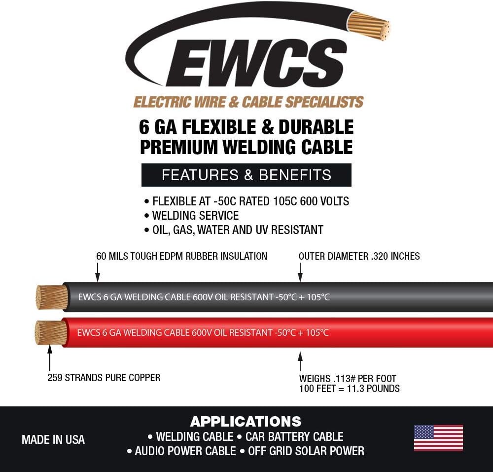 6 Gauge Extra Flexible Welding Cable 600 Volt Combo Pack - Black+Red 25 Feet of Each R802827