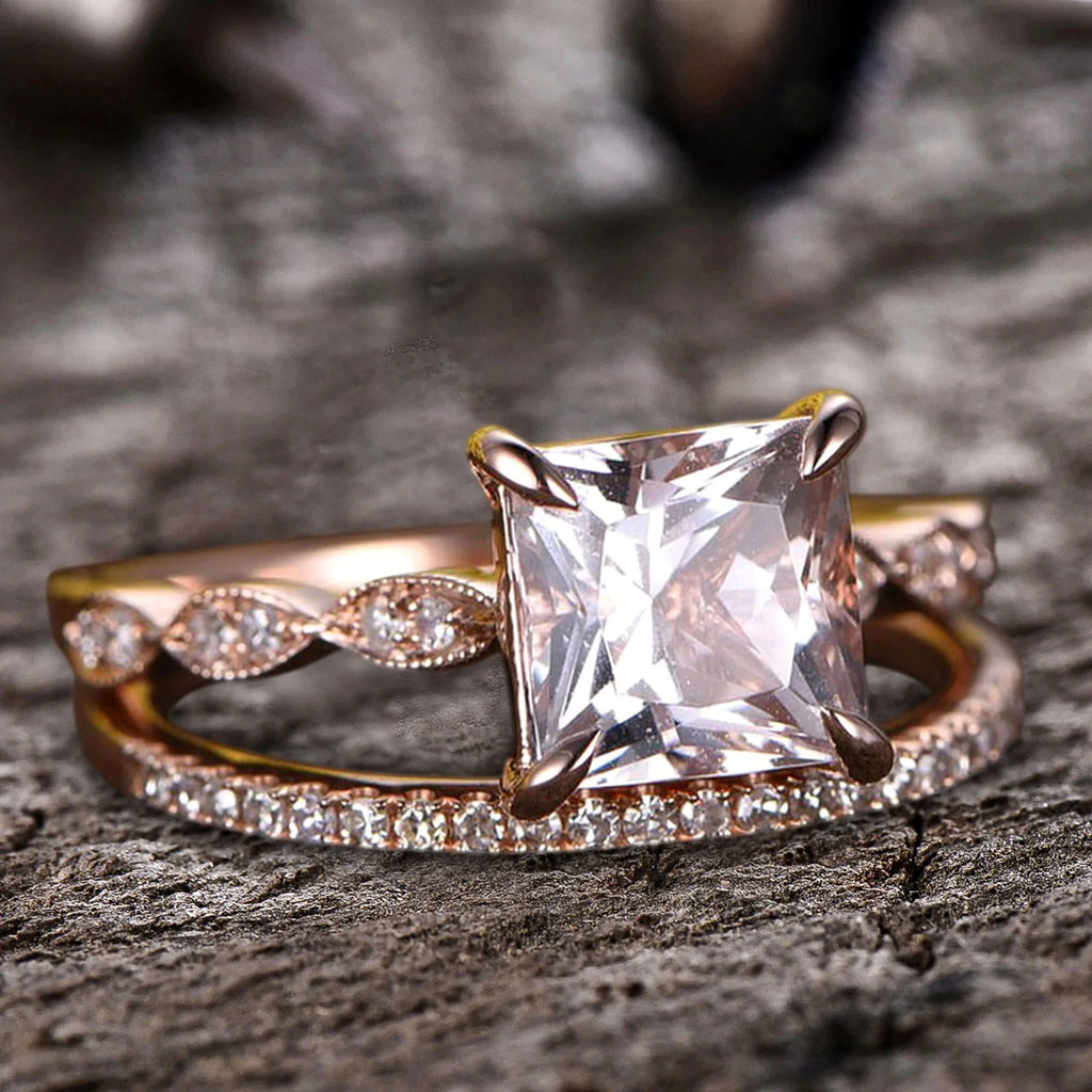 10k Rose Gold Morganite Diamond Moissanite Wedding Set L17285