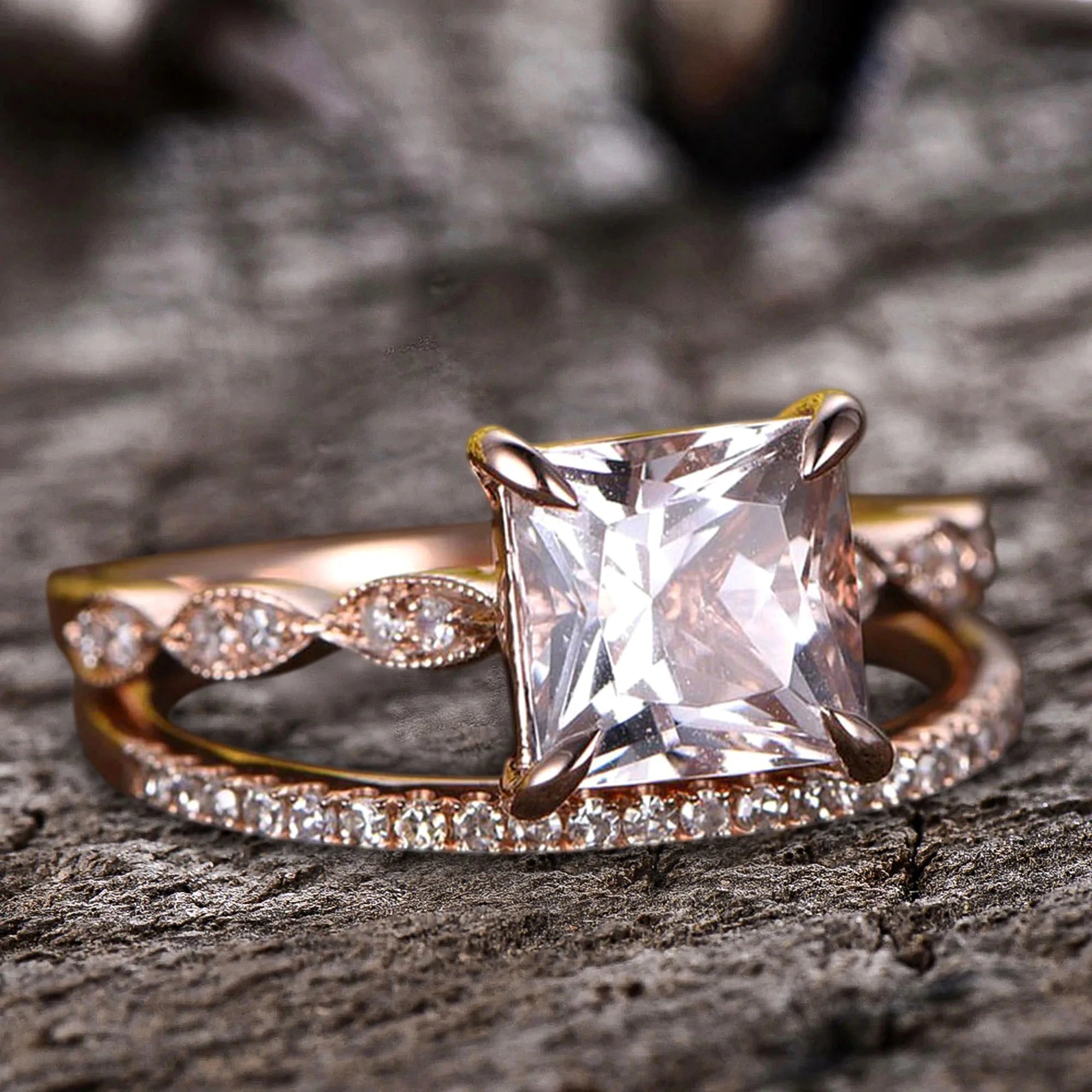 10k Rose Gold Morganite Diamond Moissanite Wedding Set L17285