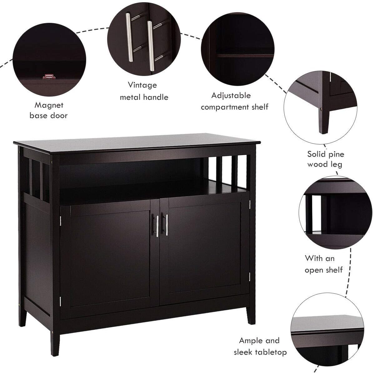 Espresso Wood Kitchen Storage Cabinet Buffet with Adjustable Shelf T386402