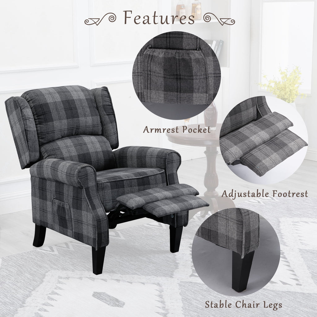 Gray Check Upholstered Recliner Chair with Adjustable Footrest and Side Pocket C748